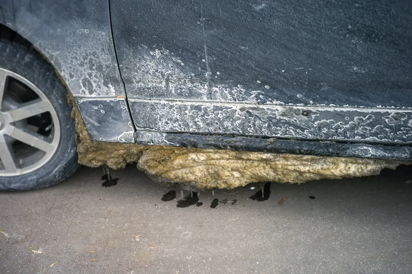 Dried road salt crusted over a dark car's lower door and rocker panel