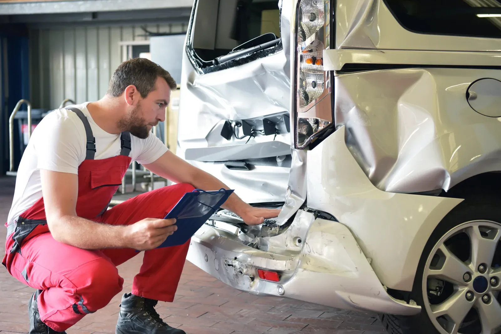 A worker in red overalls with a clipboard examining a crumpled silver rear end